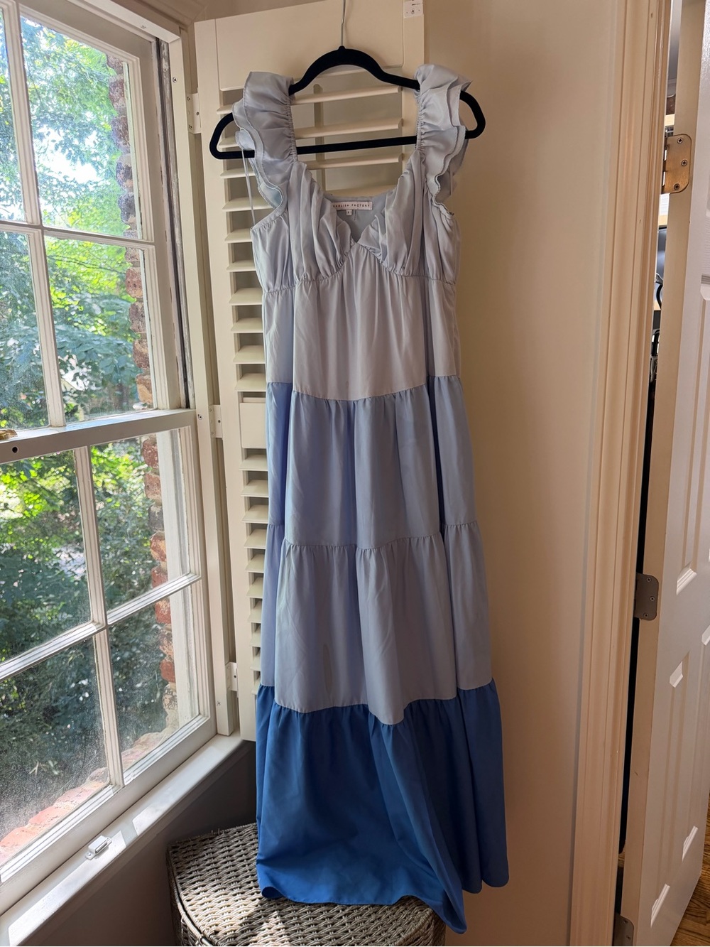 English Factory Blue Ombre Tiered Ruffle Strap Maxi Dress